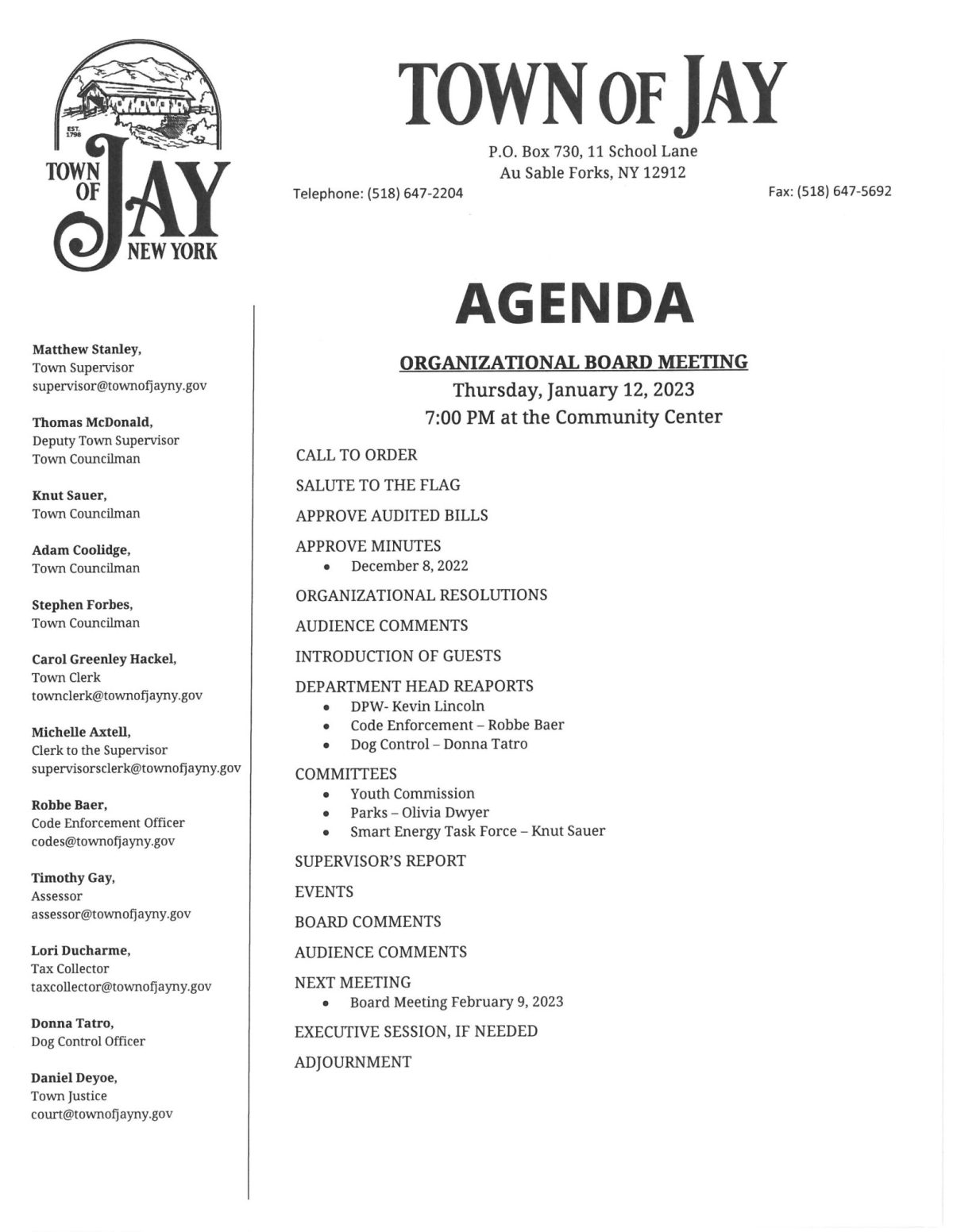 2023 Organizational Board Meeting 1/12/23 Town of Jay, New York