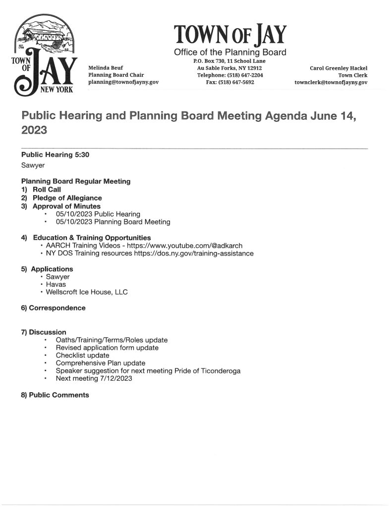 TOWN OF JAY PLANNING BOARD MEETING Town of Jay, New York