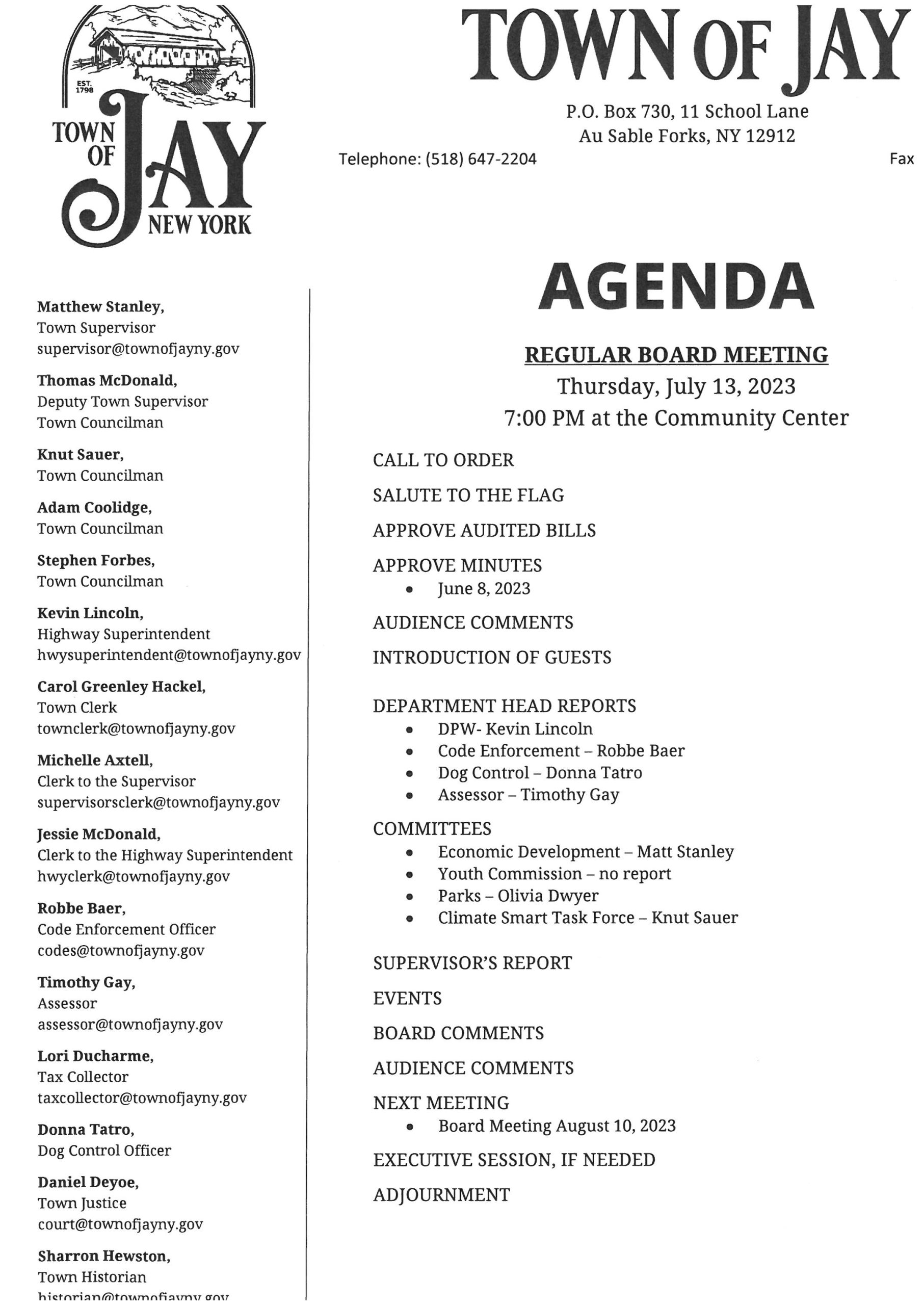 TOWN OF JAY MONTHLY BOARD MEETING Town of Jay, New York
