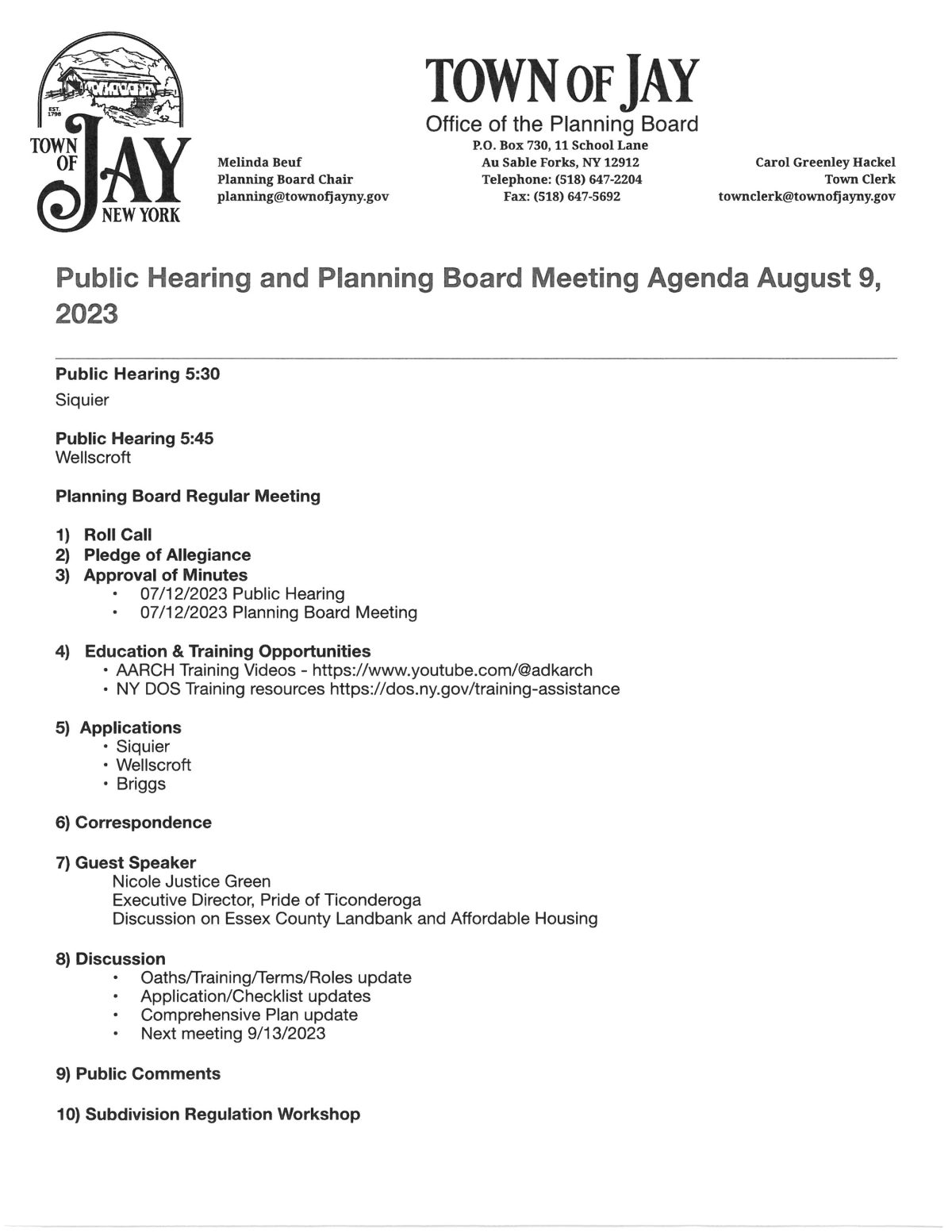 TOWN OF JAY PLANNING BOARD MEETING Town of Jay, New York