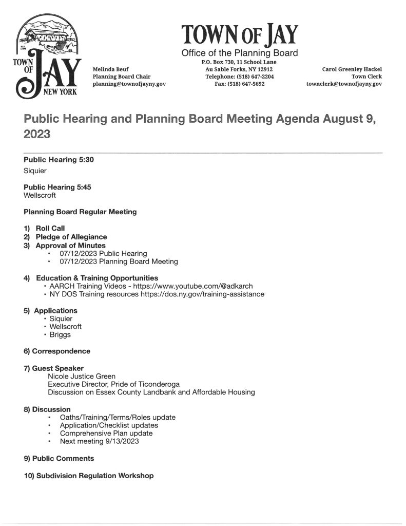 TOWN OF JAY PLANNING BOARD MEETING Town of Jay, New York