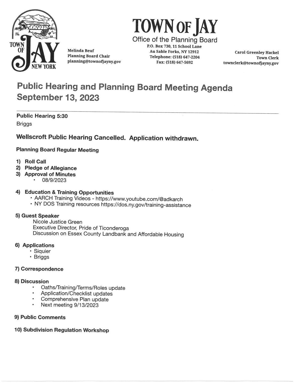 Town of Jay Planning Board Meeting Town of Jay, New York