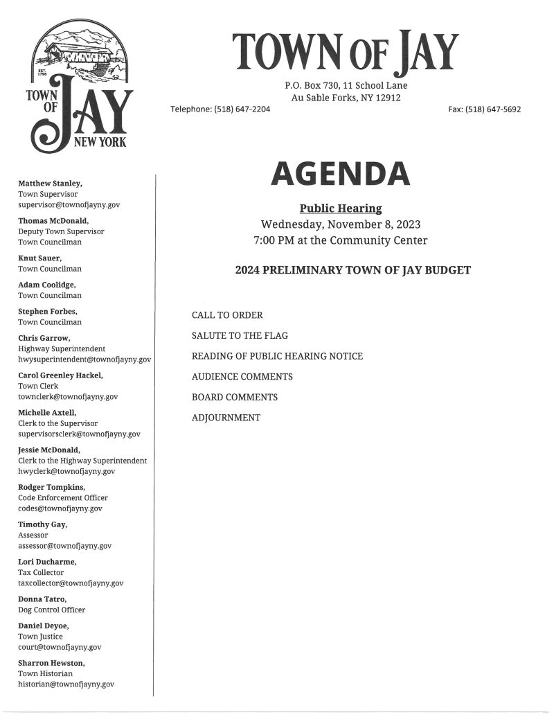 Town of Jay Public Hearing 11/8/2023 Town of Jay, New York